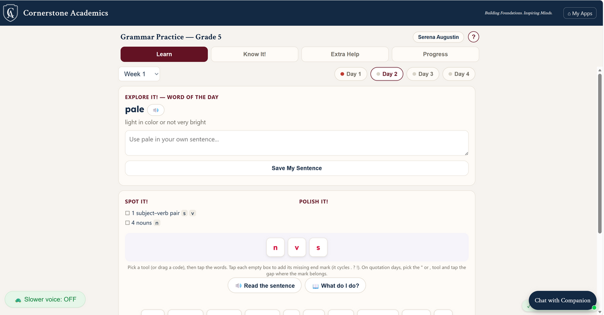 App screen from Grade 5 Grammar Practice App: Clear Day, Grade 5 grammar curriculum