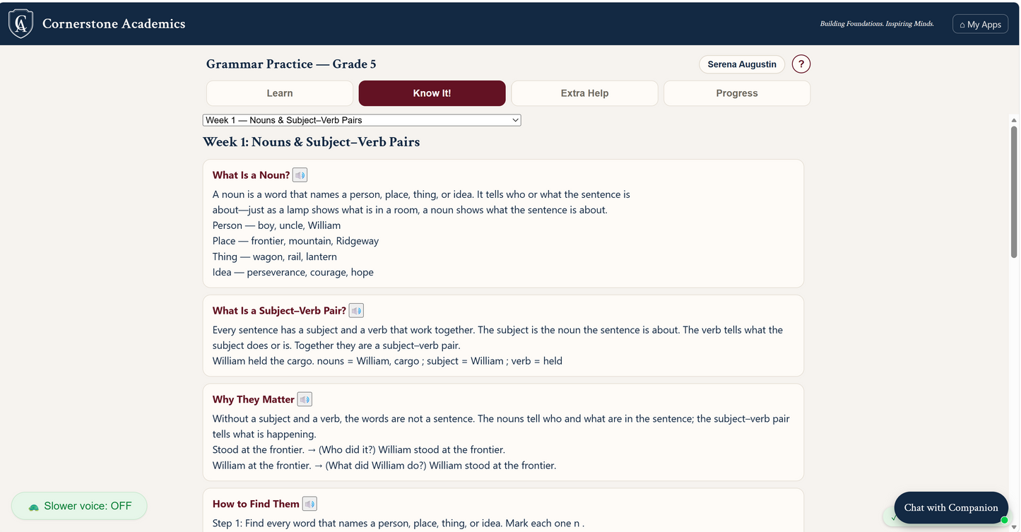 App screen from Grade 5 Grammar Practice App: Clear Day, Grade 5 grammar curriculum