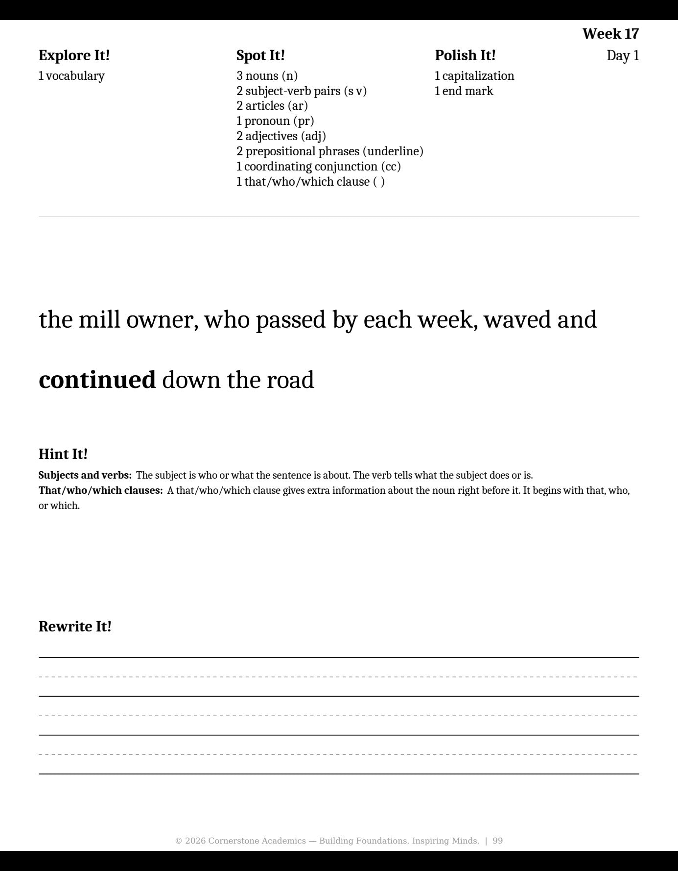 Week 17 lesson page from Grade 3 Grammar: First Light — Student Workbook, Grade 3 grammar curriculum