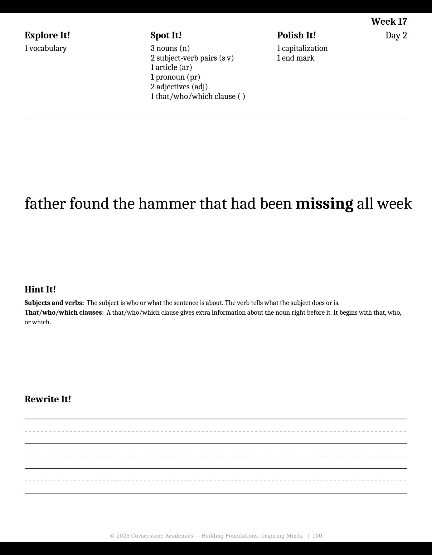 Week 17 lesson page from Grade 3 Grammar, Grade 3 grammar curriculum