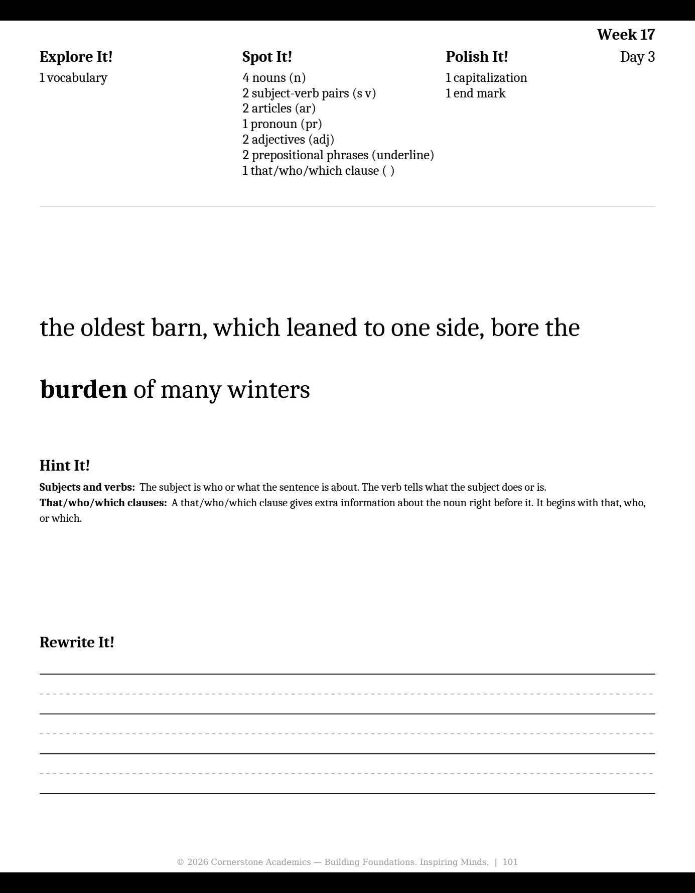 Week 17 lesson page from Grade 3 Grammar, Grade 3 grammar curriculum