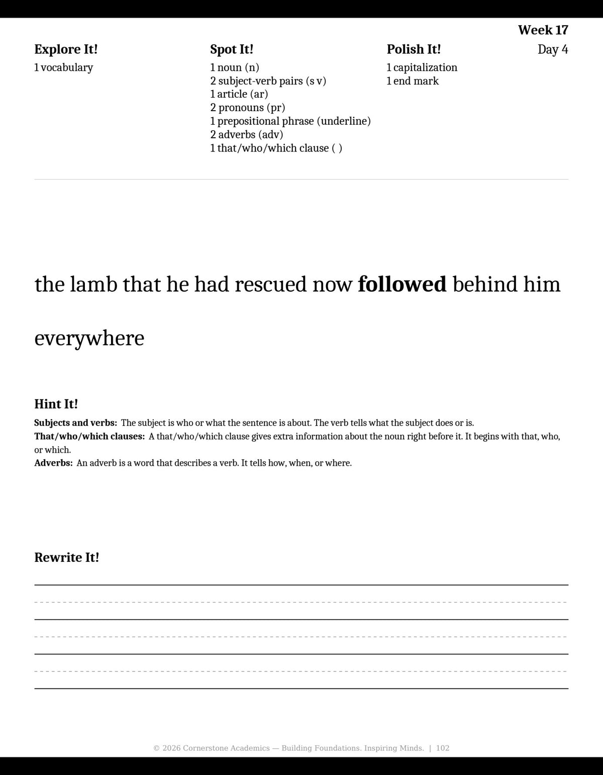 Week 17 lesson page from Grade 3 Grammar, Grade 3 grammar curriculum