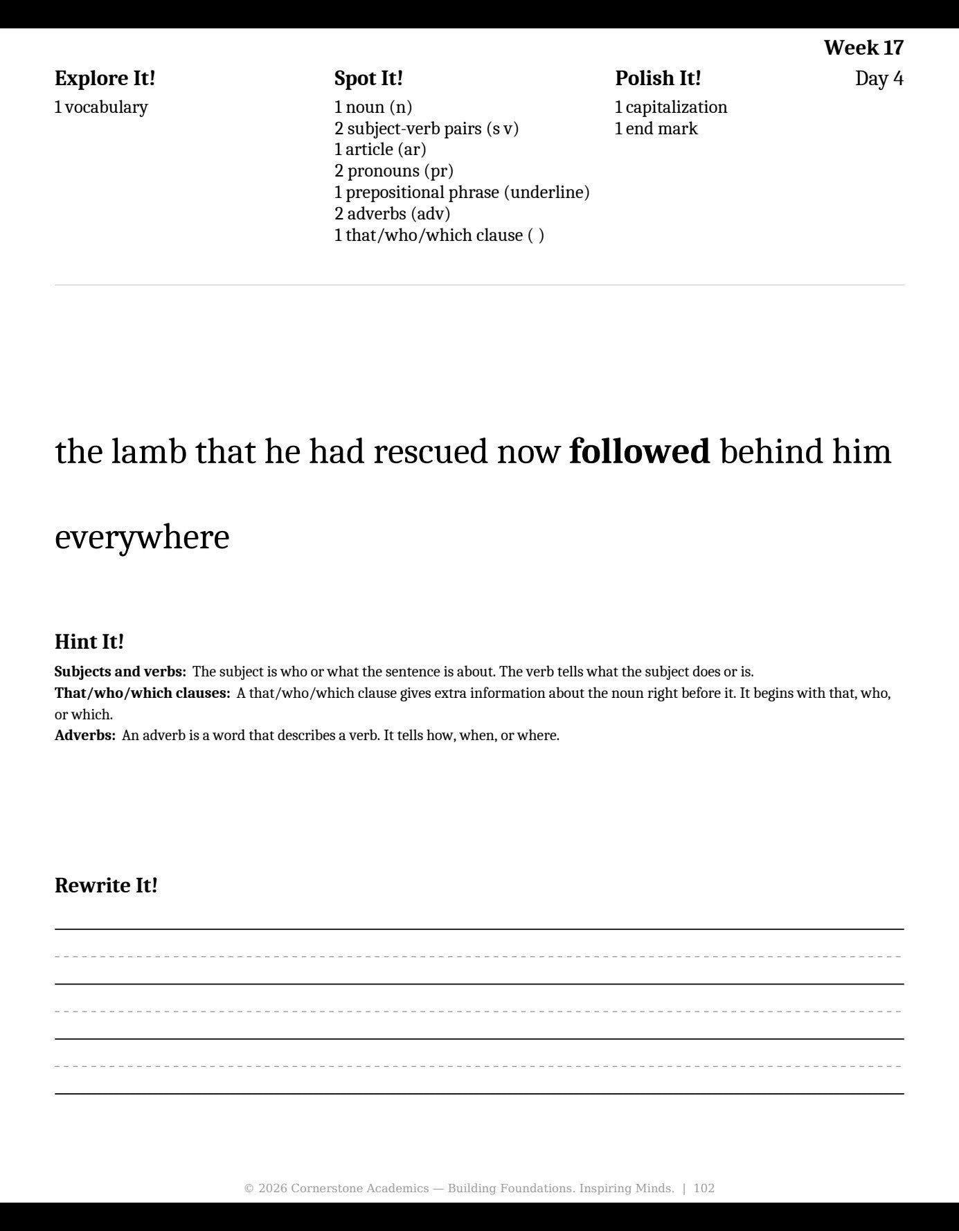 Week 17 lesson page from Grade 3 Grammar: First Light — Student Workbook, Grade 3 grammar curriculum