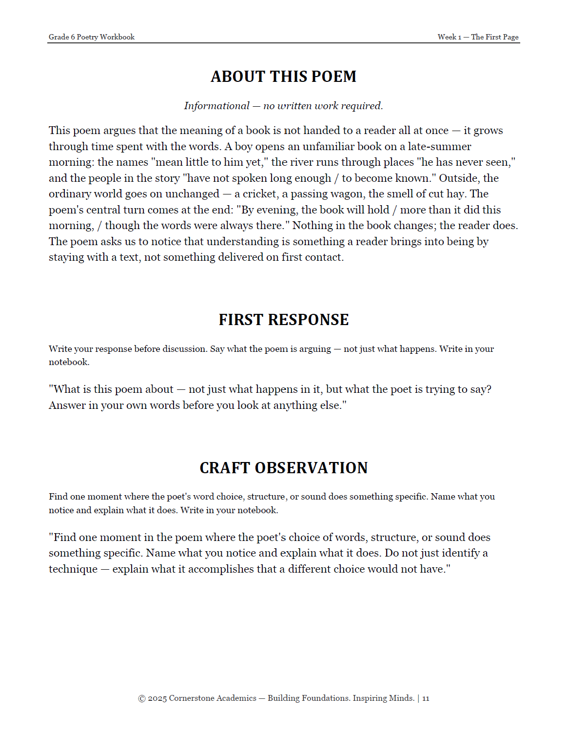 Vanguard Literature Grade 6 — Poetry Companion Student Workbook | Cornerstone Academics