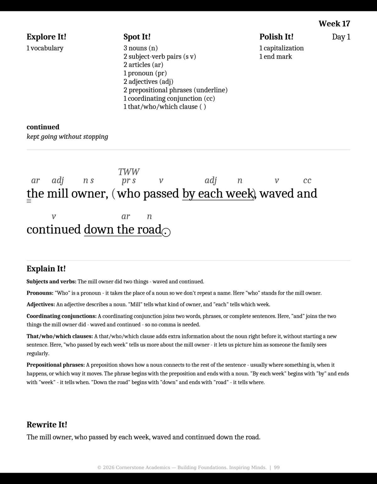 Week 17 lesson page from Grade 3 Grammar: First Light — Teacher’s Edition (Black & White), Grade 3 grammar curriculum