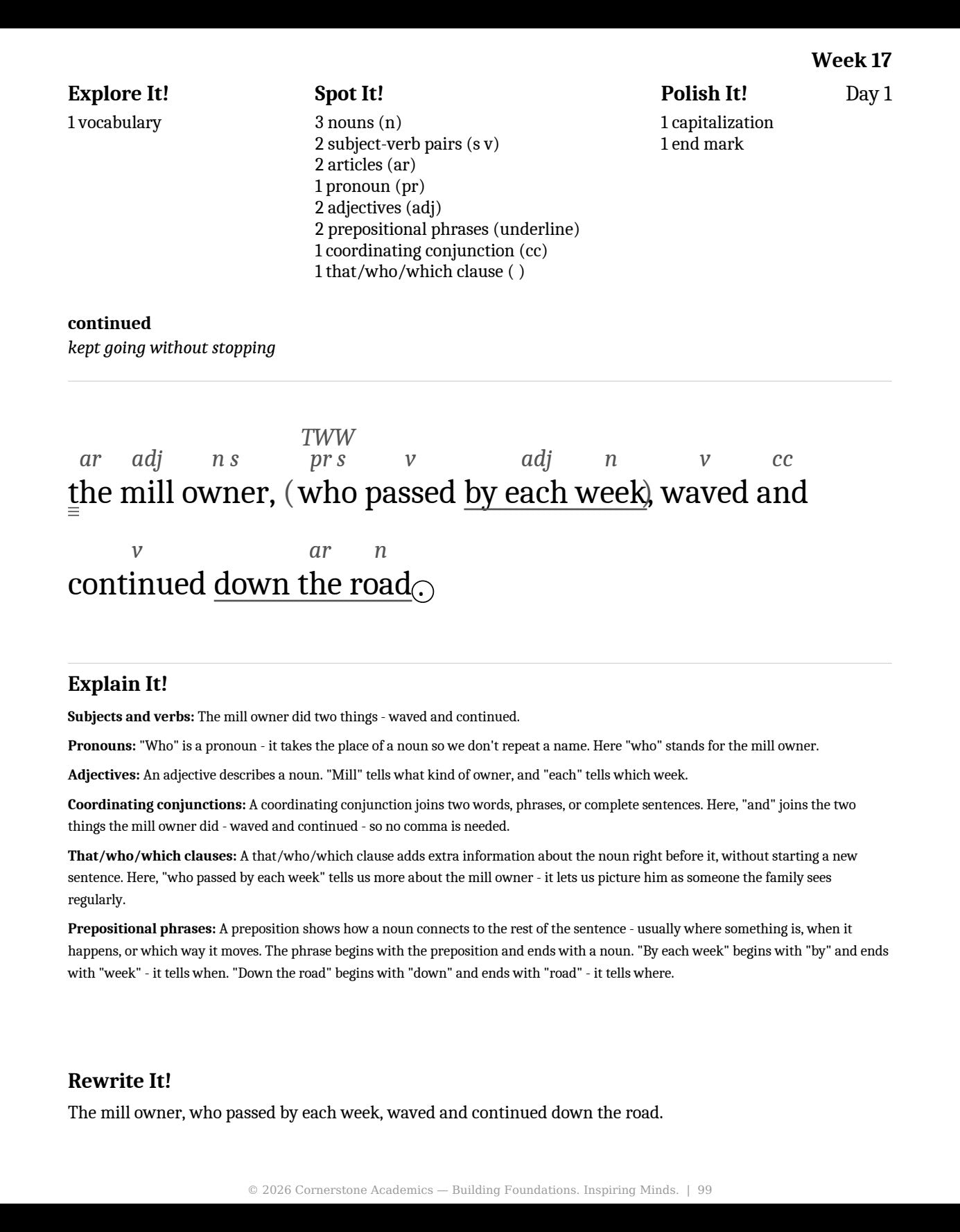 Week 17 lesson page from Grade 3 Grammar: First Light — Teacher’s Edition (Black & White), Grade 3 grammar curriculum