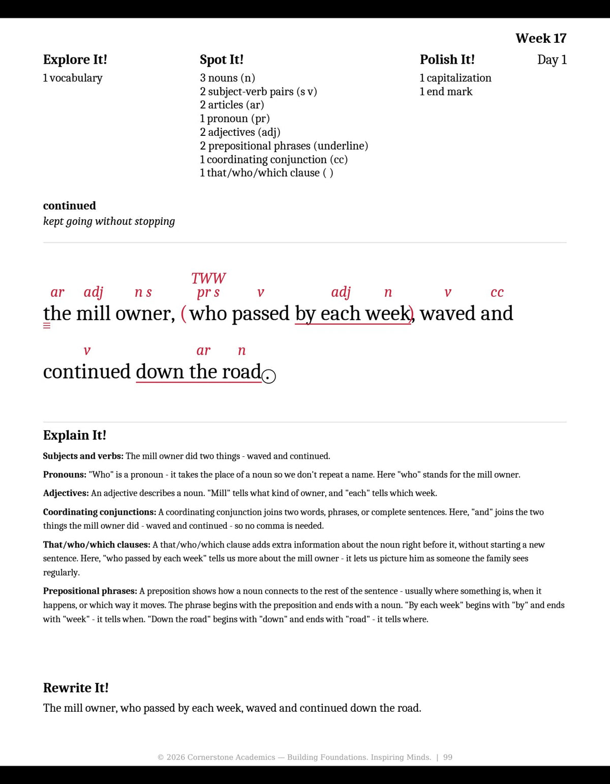 Week 17 lesson page from Grade 3 Grammar: First Light — Teacher’s Edition (Color — markups in red), Grade 3 grammar