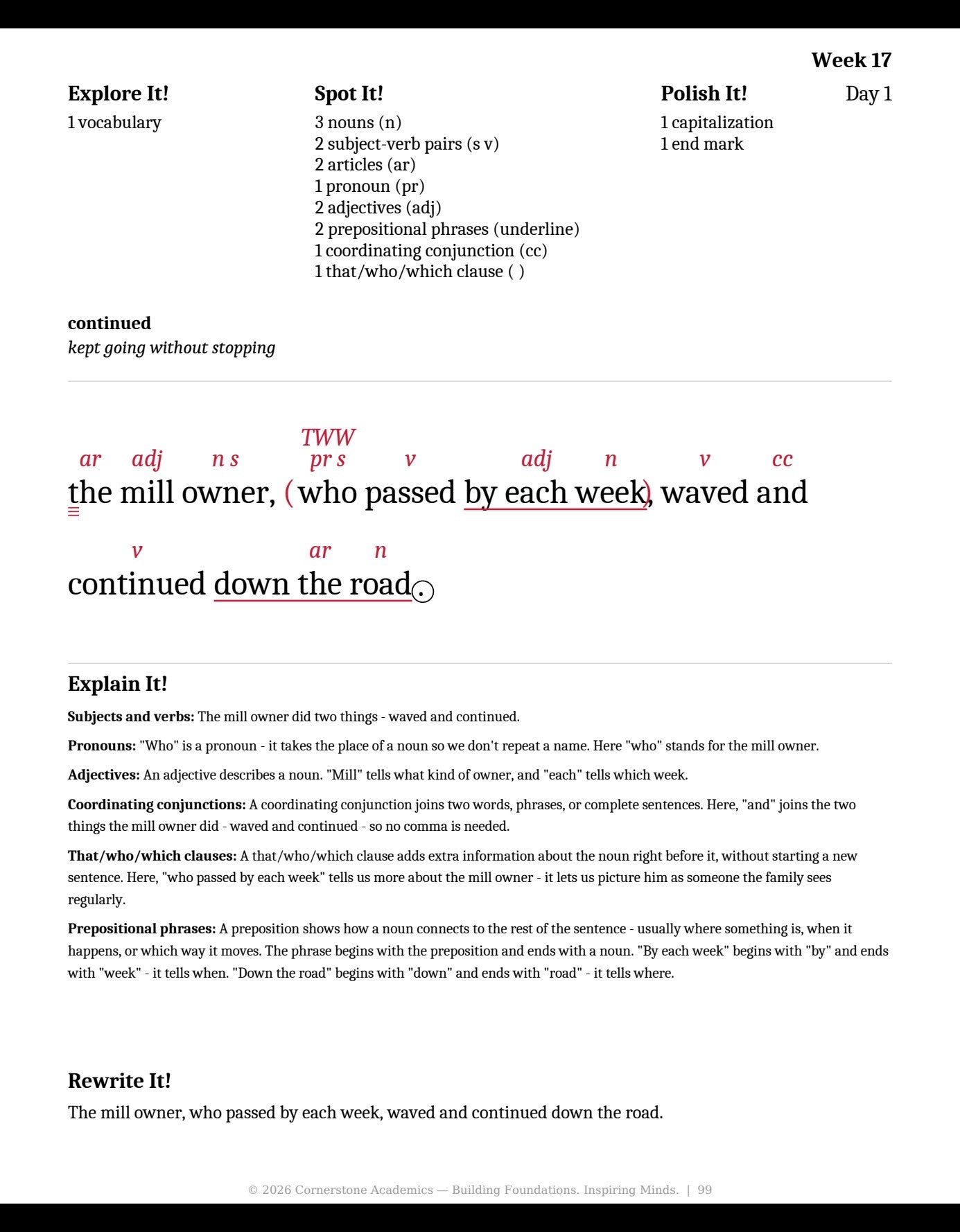 Week 17 lesson page from Grade 3 Grammar: First Light — Teacher’s Edition (Color — markups in red), Grade 3 grammar
