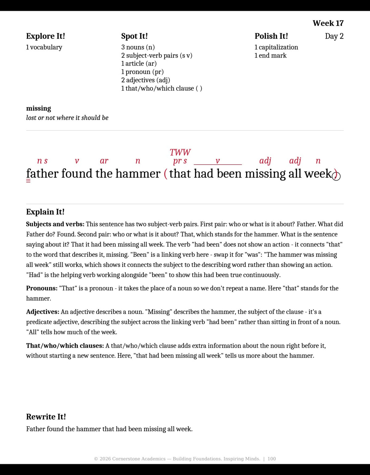 Week 17 lesson page from Grade 3 Grammar: First Light — Teacher’s Edition (Color — markups in red), Grade 3 grammar
