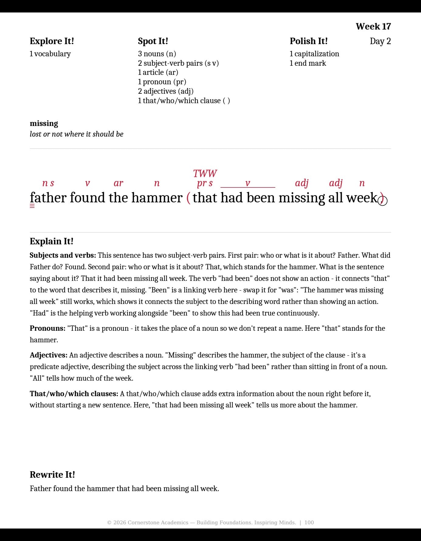 Week 17 lesson page from Grade 3 Grammar: First Light — Teacher’s Edition (Color — markups in red), Grade 3 grammar