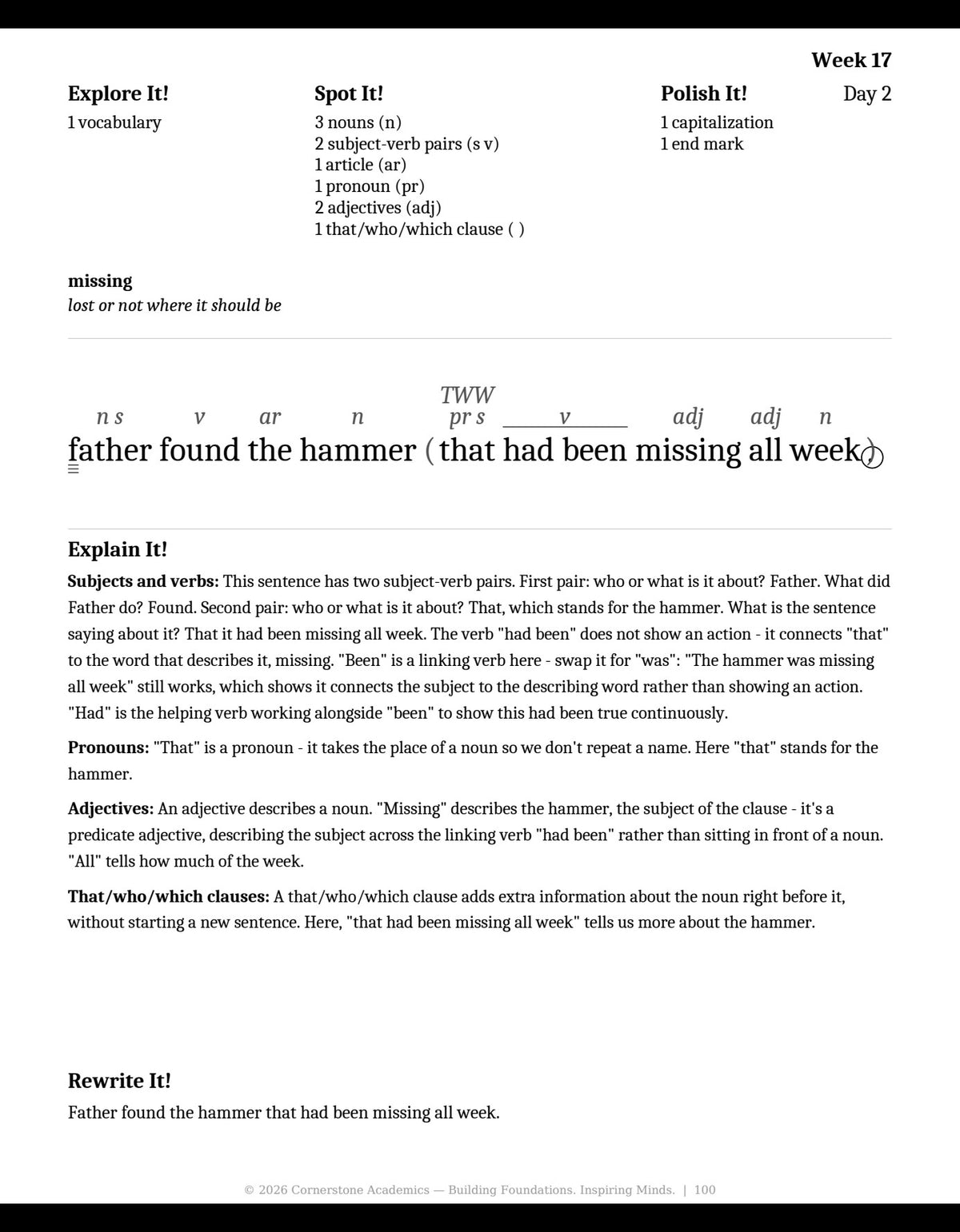 Week 17 lesson page from Grade 3 Grammar: First Light — Teacher’s Edition (Black & White), Grade 3 grammar curriculum