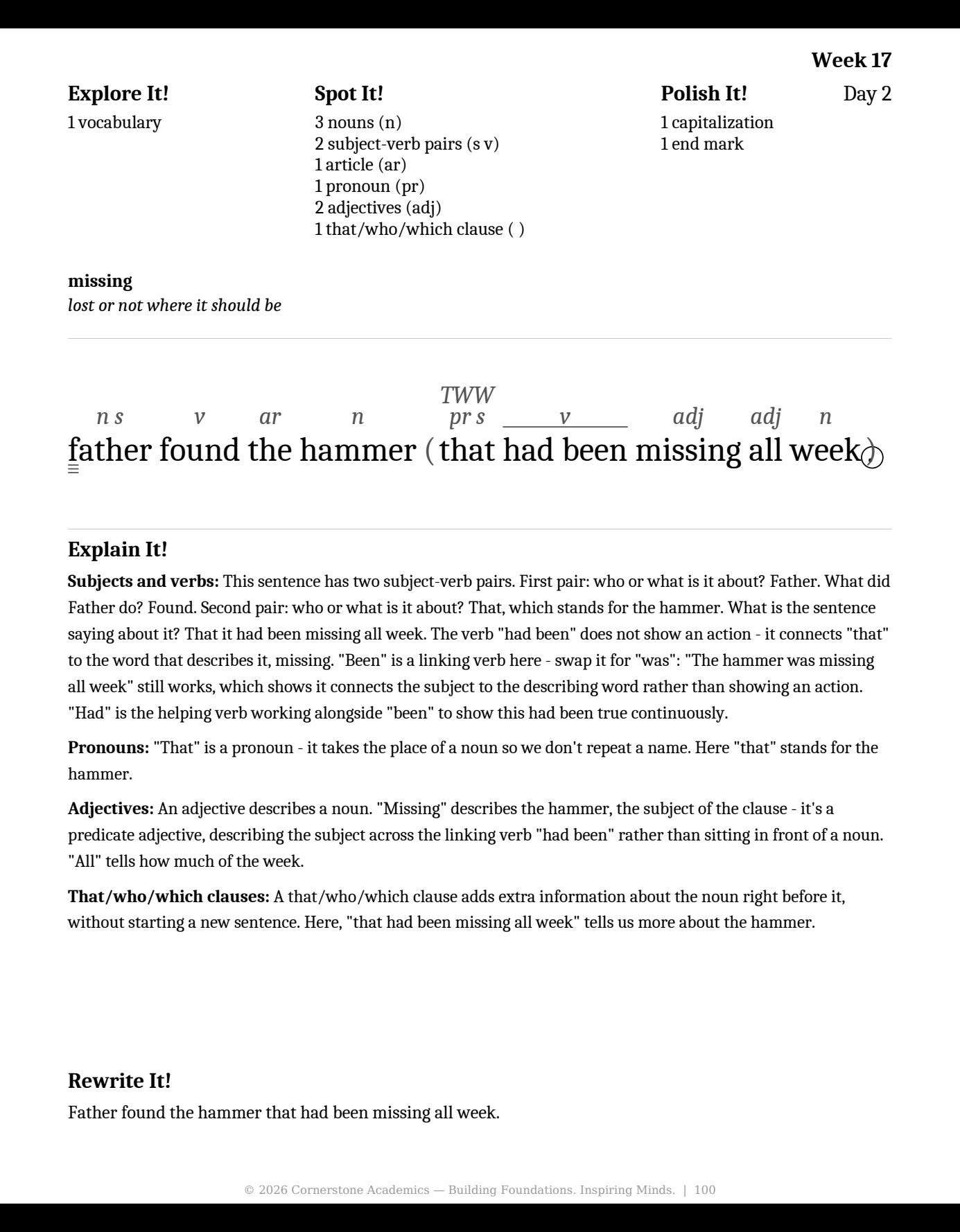 Week 17 lesson page from Grade 3 Grammar Curriculum, Grade 3 grammar curriculum