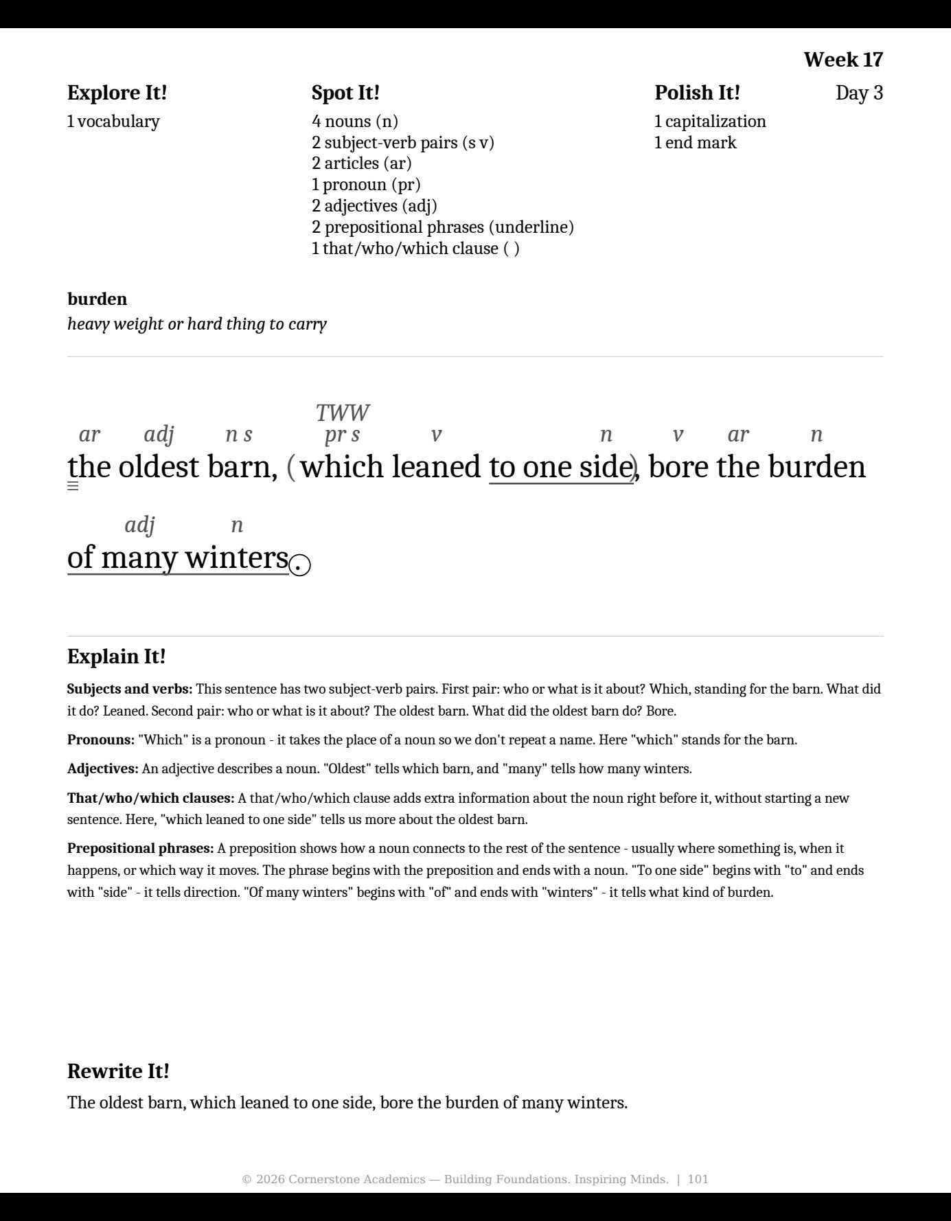 Week 17 lesson page from Grade 3 Grammar: First Light — Teacher’s Edition (Black & White), Grade 3 grammar curriculum