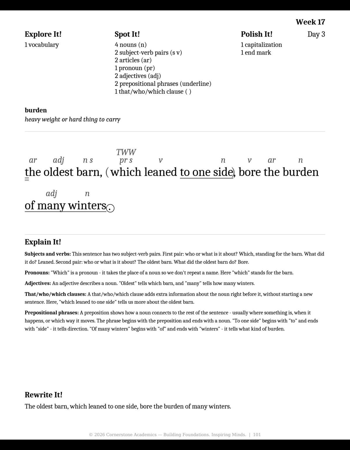 Week 17 lesson page from Grade 3 Grammar: First Light — Teacher’s Edition (Black & White), Grade 3 grammar curriculum