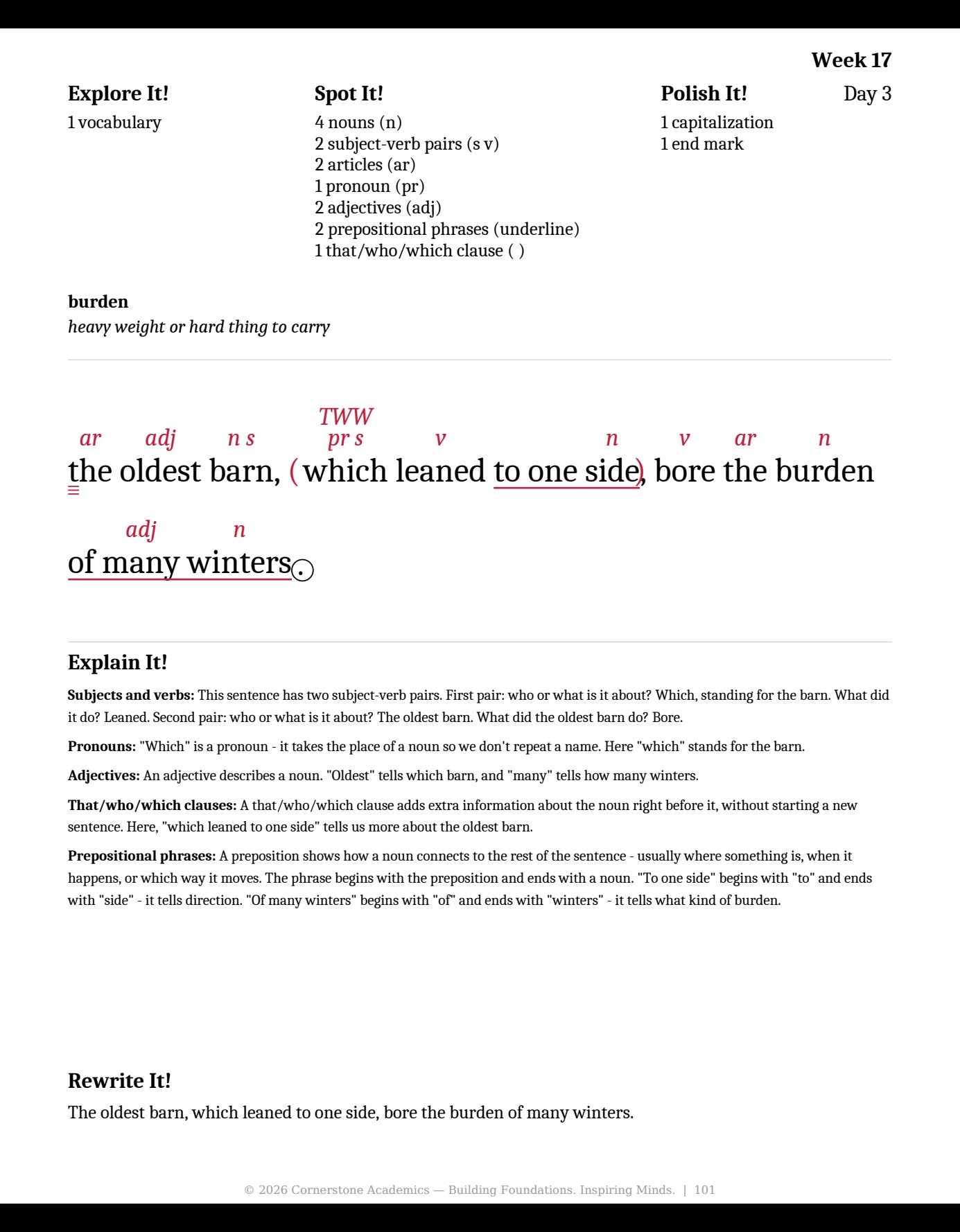 Week 17 lesson page from Grade 3 Grammar: First Light — Teacher’s Edition (Color — markups in red), Grade 3 grammar