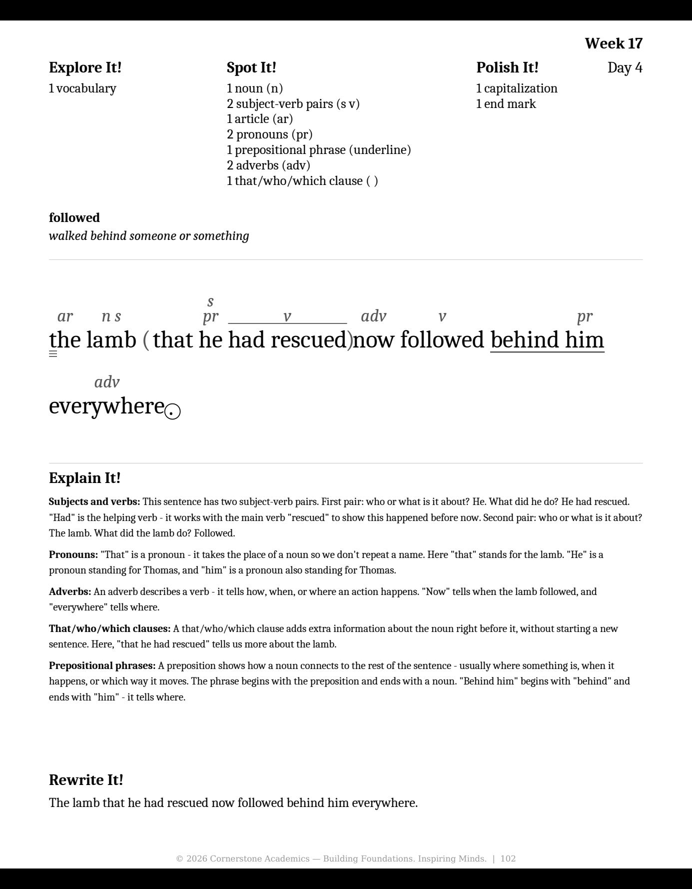 Week 17 lesson page from Grade 3 Grammar Curriculum, Grade 3 grammar curriculum