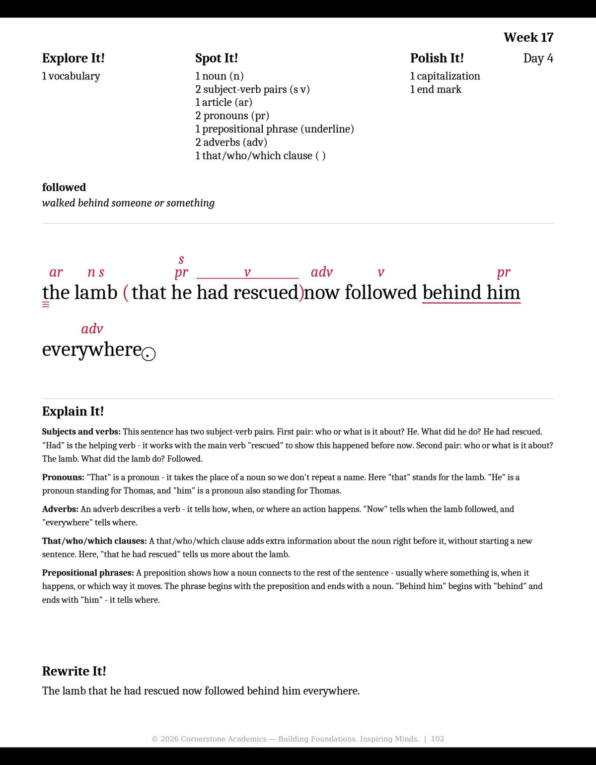 Week 17 lesson page from Grade 3 Grammar: First Light — Teacher’s Edition (Color — markups in red), Grade 3 grammar