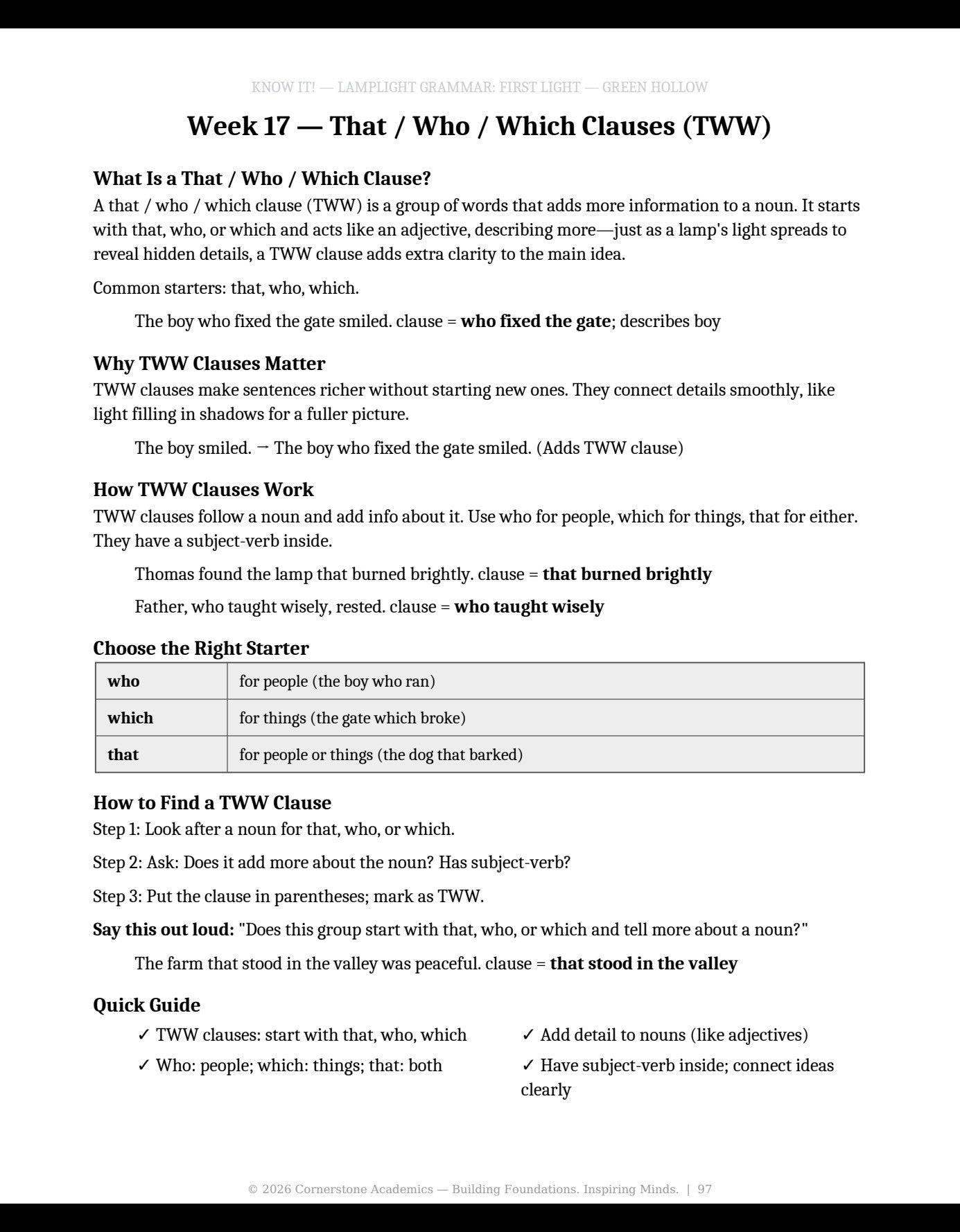 Week 17 lesson page from Grade 3 Grammar: First Light — Teacher’s Edition (Color — markups in red), Grade 3 grammar