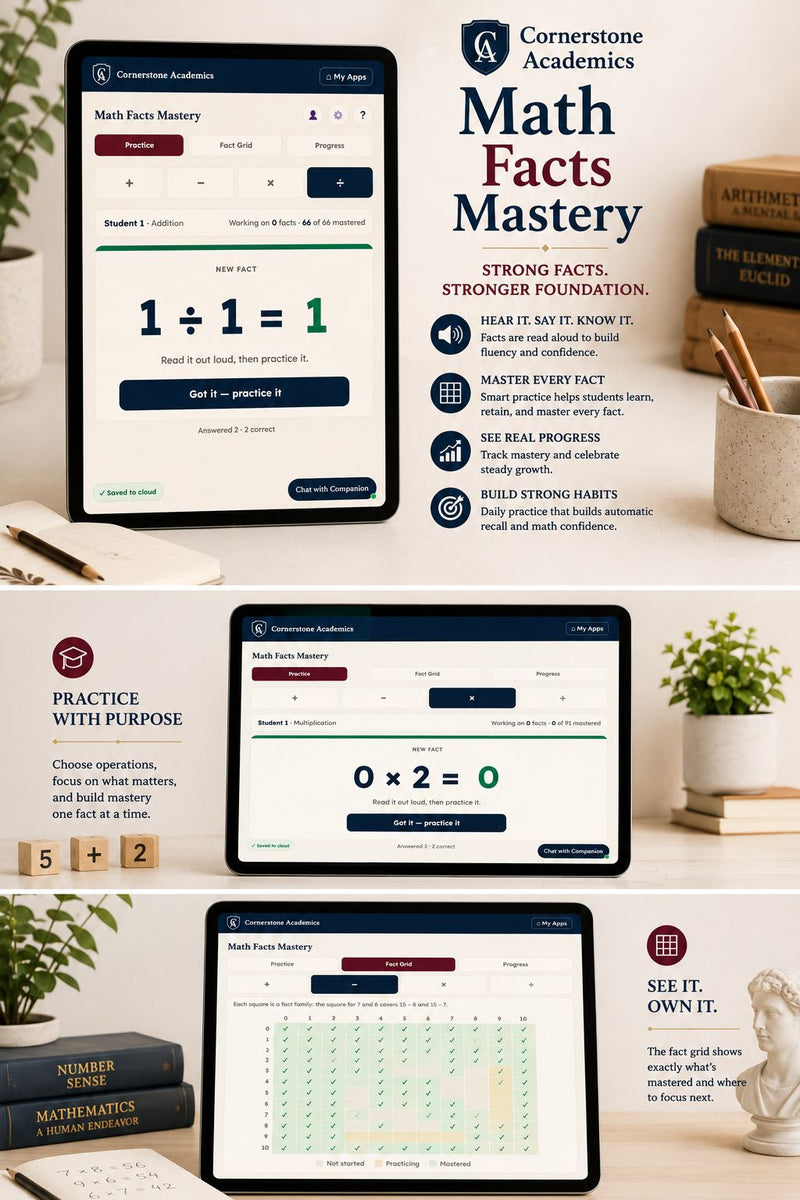 Front cover of Math Facts Mastery App, a math practice app from Cornerstone Academics