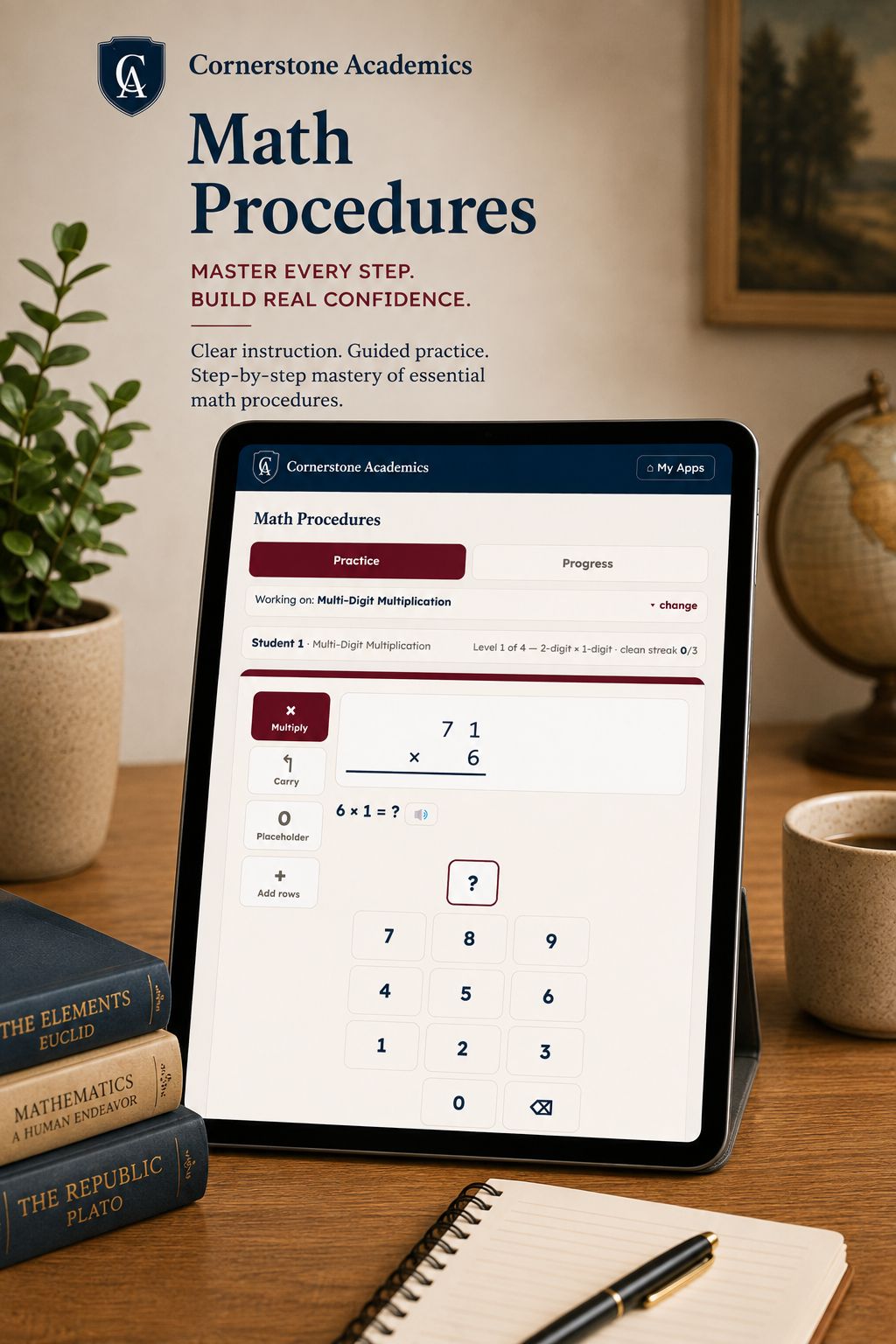 Front cover of Math Procedures Practice App, a math practice app from Cornerstone Academics