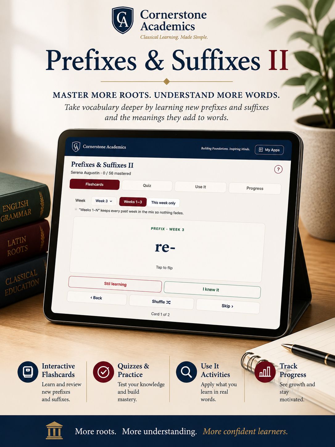 Front cover of Prefixes & Suffixes Deck II Practice App, a word study resource from Cornerstone Academics