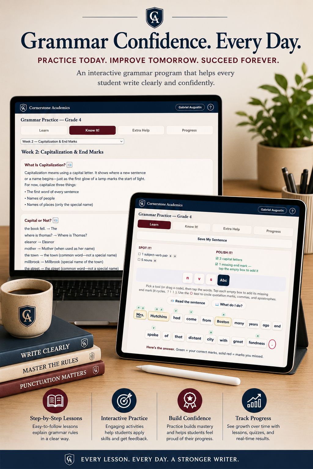 Front cover of Grade 4 Grammar Practice App: Morning Light, a Grade 4 grammar curriculum from Cornerstone Academics