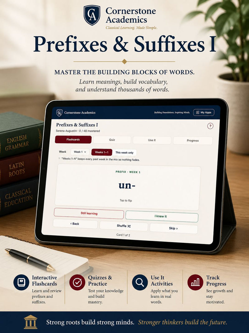 Front cover of Prefixes & Suffixes Deck I Practice App, a word study resource from Cornerstone Academics