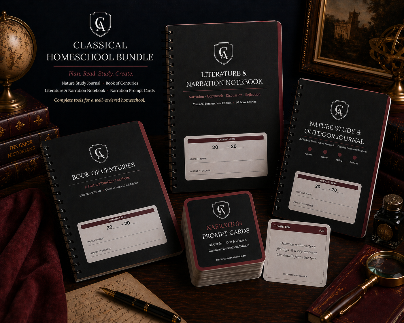 Charlotte Mason Essentials Bundle — Nature Study Journal, Book of Centuries, Literature & Narration Notebook, and Narration Prompt Cards