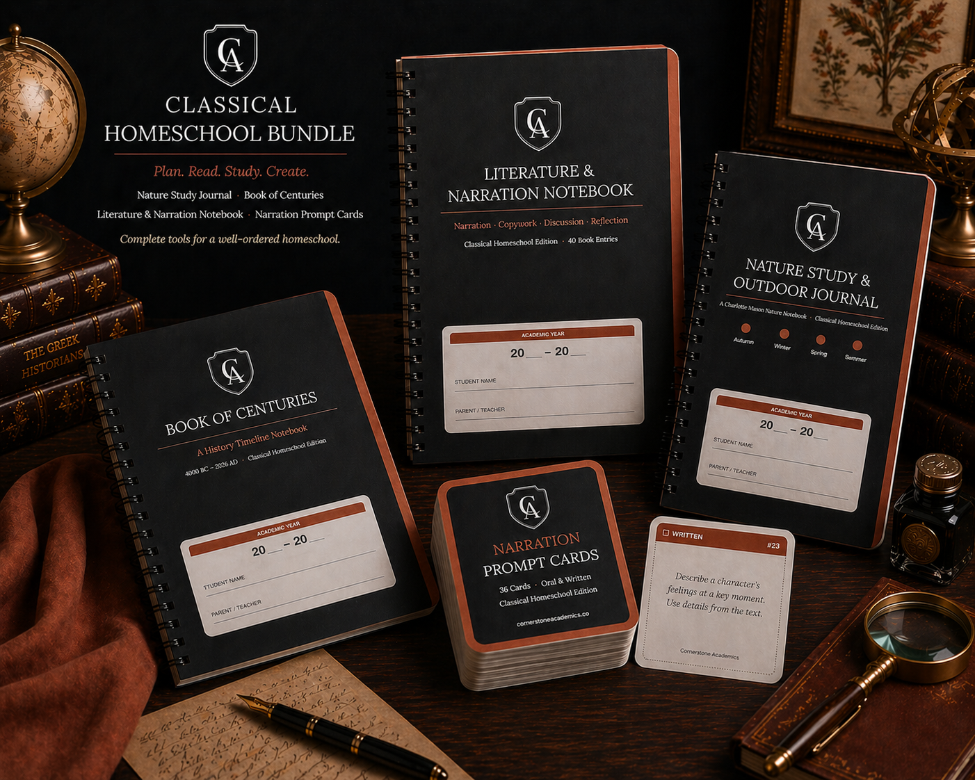 Charlotte Mason Essentials Bundle — Nature Study Journal, Book of Centuries, Literature & Narration Notebook, and Narration Prompt Cards