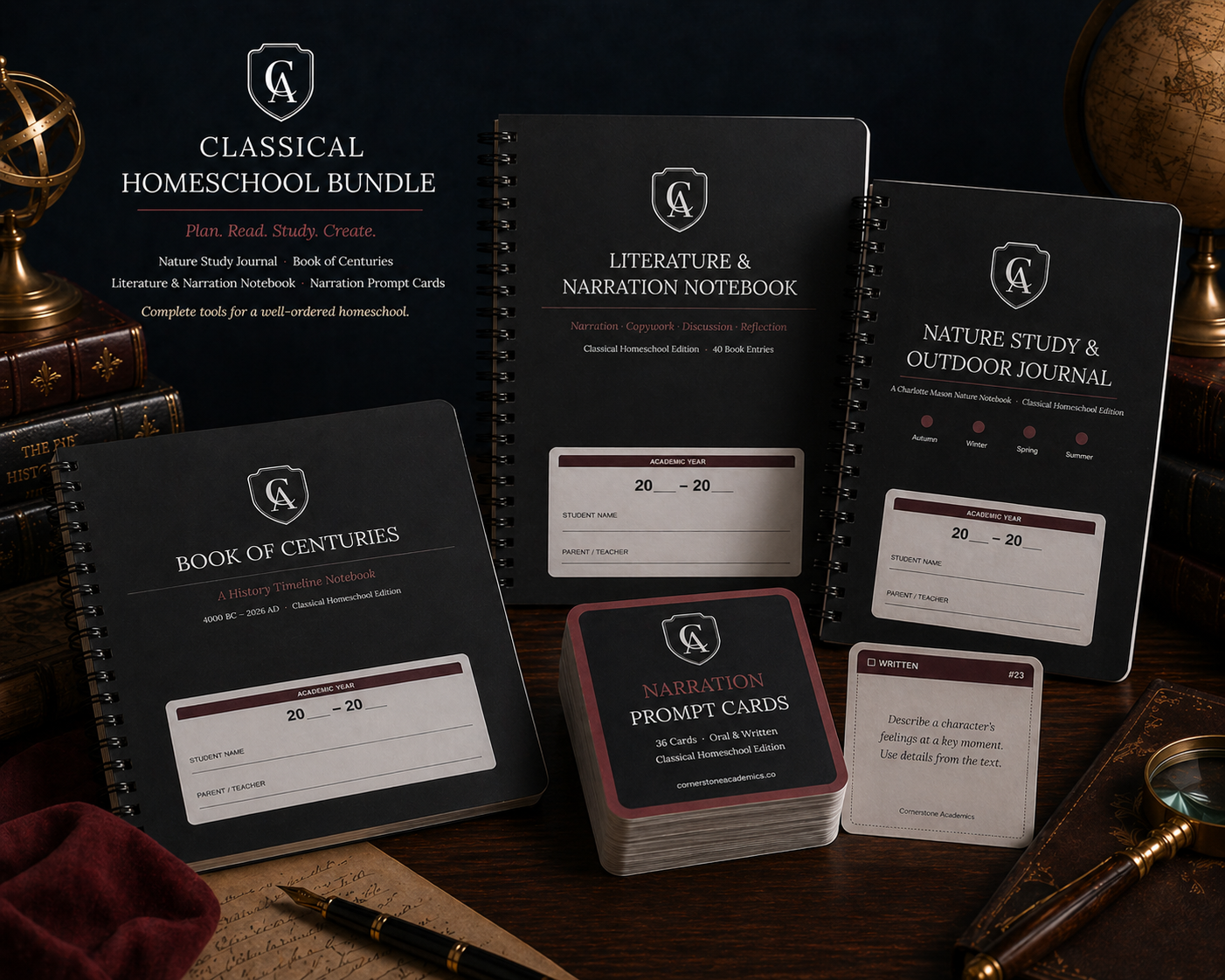 Charlotte Mason Essentials Bundle — Nature Study Journal, Book of Centuries, Literature & Narration Notebook, and Narration Prompt Cards