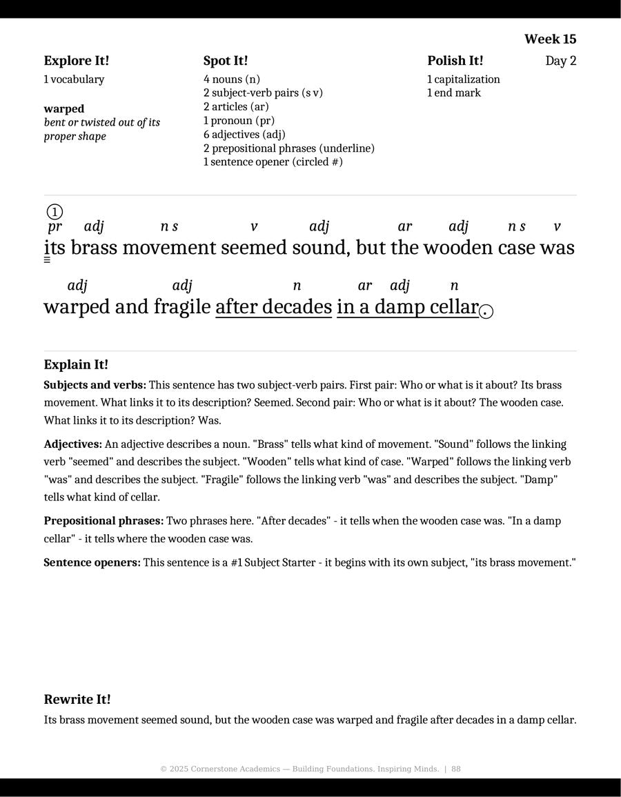 Sample page 4 from Watchfire Grammar — Teacher’s Edition B & W, Grade 6 grammar curriculum